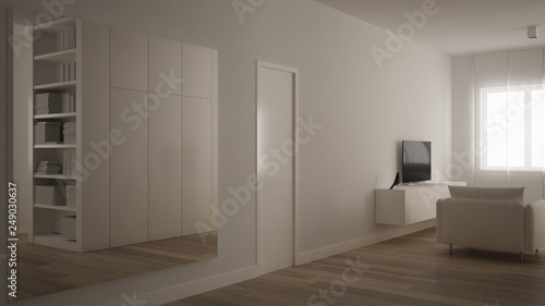 Big square mirror in minimalistic white one bedroom apartment with parquet floor, reflecting home living room, white table with computer desktop, modern interior design © ArchiVIZ