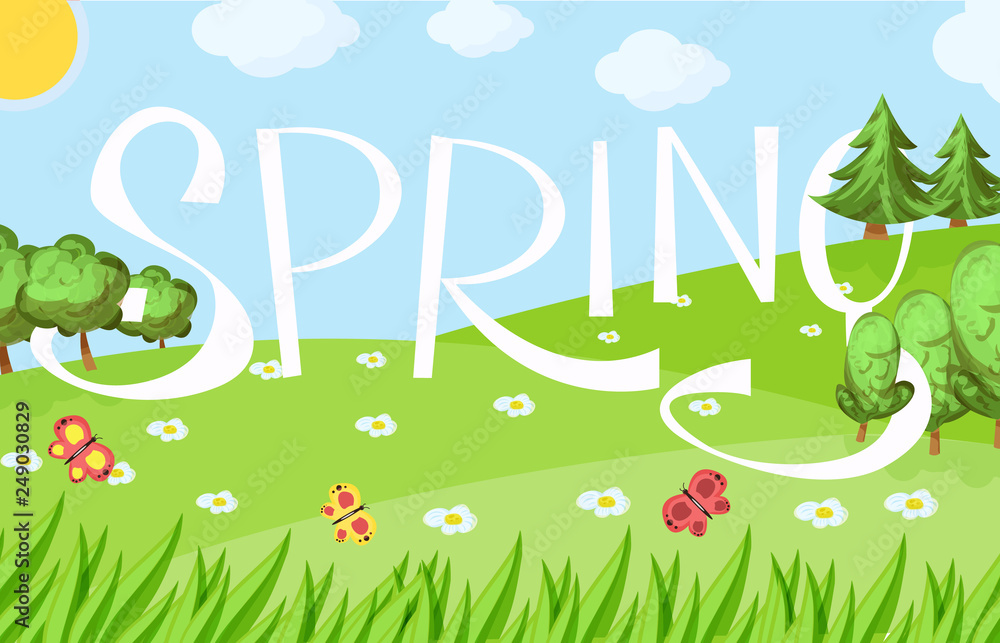 Naklejka premium Spring cartoon landscape with trees and clouds and flowers