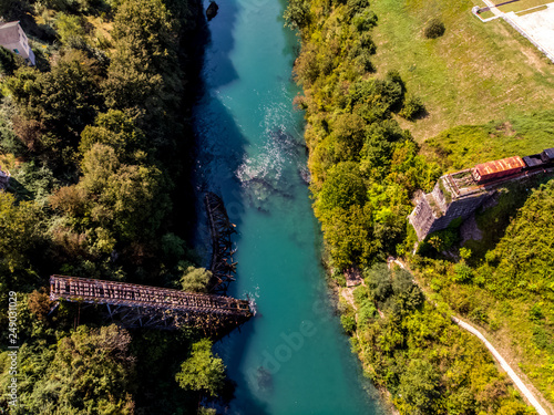 Drone view to the destroyed railway bridge in river Neretva during the war