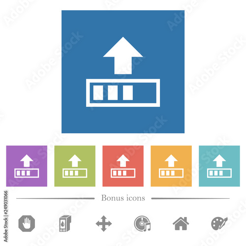 Upload in progress flat white icons in square backgrounds