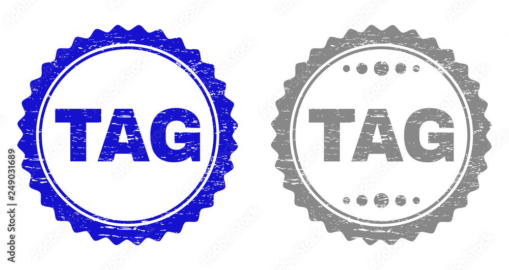 Grunge TAG stamp seals isolated on a white background. Rosette seals with grunge texture in blue and gray colors. Vector rubber overlay of TAG inside round rosette. Stamp seals with dirty styles.