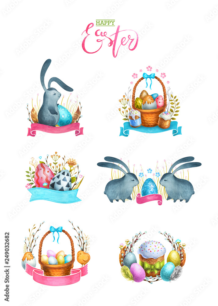 Watercolor set of compositions, illustrations Happy Easter. Template can be used in greeting postcards, business cards, posters, web. Isolated on white background. Hand drawn.