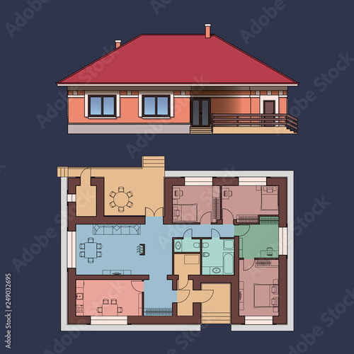 Architectural facade and plan of a house. Views of single-storey cottage. Vector realistic illustration.