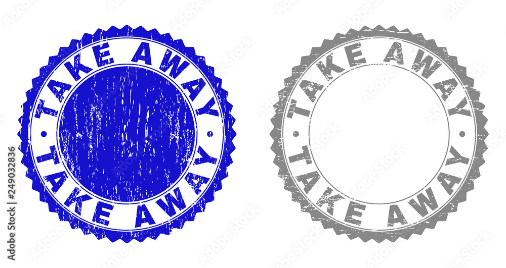 Grunge TAKE AWAY stamp seals isolated on a white background. Rosette seals with grunge texture in blue and gray colors. Vector rubber stamp imitation of TAKE AWAY caption inside round rosette. Grunge TAKE AWAY stamp seals isolated on a white background. Rosette seals with grunge texture in blue and gray colors. Vector rubber stamp imitation of TAKE AWAY caption inside round rosette.