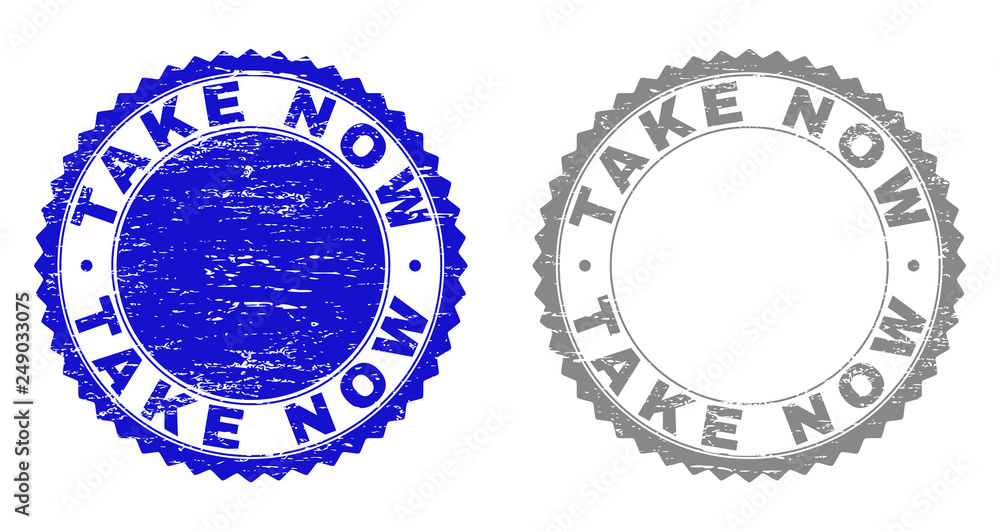 Grunge TAKE NOW stamp seals isolated on a white background. Rosette seals with grunge texture in blue and grey colors. Vector rubber stamp imprint of TAKE NOW label inside round rosette. Grunge TAKE NOW stamp seals isolated on a white background. Rosette seals with grunge texture in blue and grey colors. Vector rubber stamp imprint of TAKE NOW label inside round rosette.