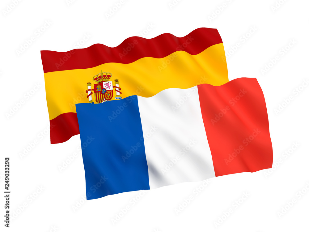 National fabric flags of France and Spain isolated on white background. 3d rendering illustration. 1 to 2 proportion. National fabric flags of France and Spain isolated on white background. 3d rendering illustration. 1 to 2 proportion.