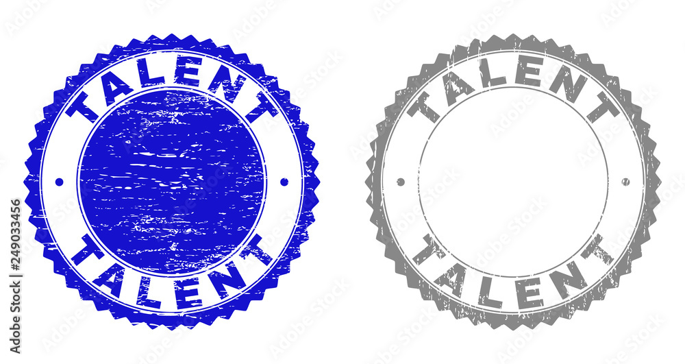 Grunge TALENT stamp seals isolated on a white background. Rosette seals with grunge texture in blue and gray colors. Vector rubber stamp imitation of TALENT text inside round rosette. Grunge TALENT stamp seals isolated on a white background. Rosette seals with grunge texture in blue and gray colors. Vector rubber stamp imitation of TALENT text inside round rosette.