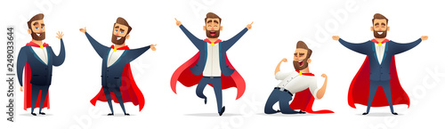 Businessman in a superhero costume. Character collection of business hero in various poses. Super manager set