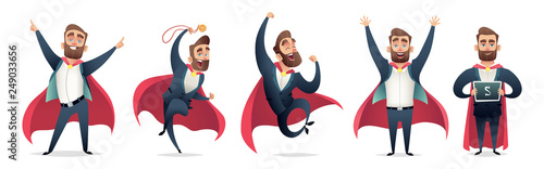 Businessman in a superhero costume. Character collection of business hero in various poses. Super manager set