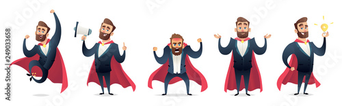 Businessman in a superhero costume. Character collection of business hero in various poses. Super manager set