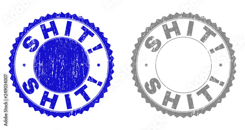 Grunge SHIT! stamp seals isolated on a white background. Rosette seals with grunge texture in blue and gray colors. Vector rubber stamp imitation of SHIT! tag inside round rosette.