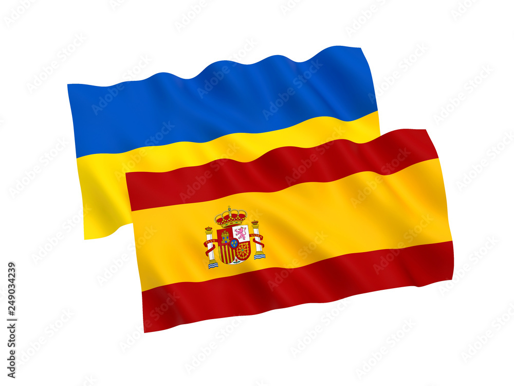 National fabric flags of Ukraine and Spain isolated on white background. 3d rendering illustration. 1 to 2 proportion. National fabric flags of Ukraine and Spain isolated on white background. 3d rendering illustration. 1 to 2 proportion.