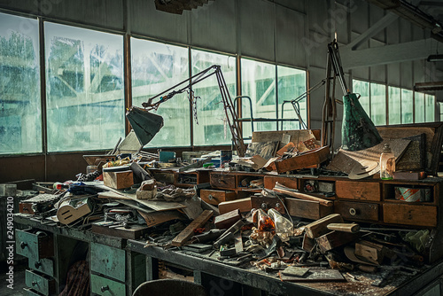 Принти на полотні .disorder in the workplace in the factory thrown at the Soviet Union times