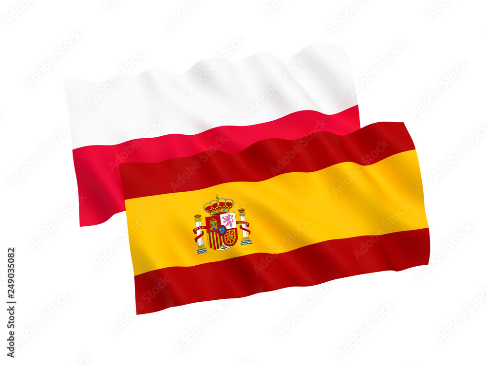 National fabric flags of Poland and Spain isolated on white background. 3d rendering illustration. 1 to 2 proportion. National fabric flags of Poland and Spain isolated on white background. 3d rendering illustration. 1 to 2 proportion.