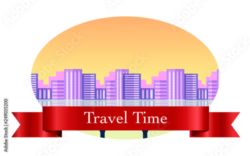 landscape in the frame, a graphic design element. Labels with the image of big city, lights, river, lack, reflection, bridge, grass. Perfect for sticker, label, emblem and logo.