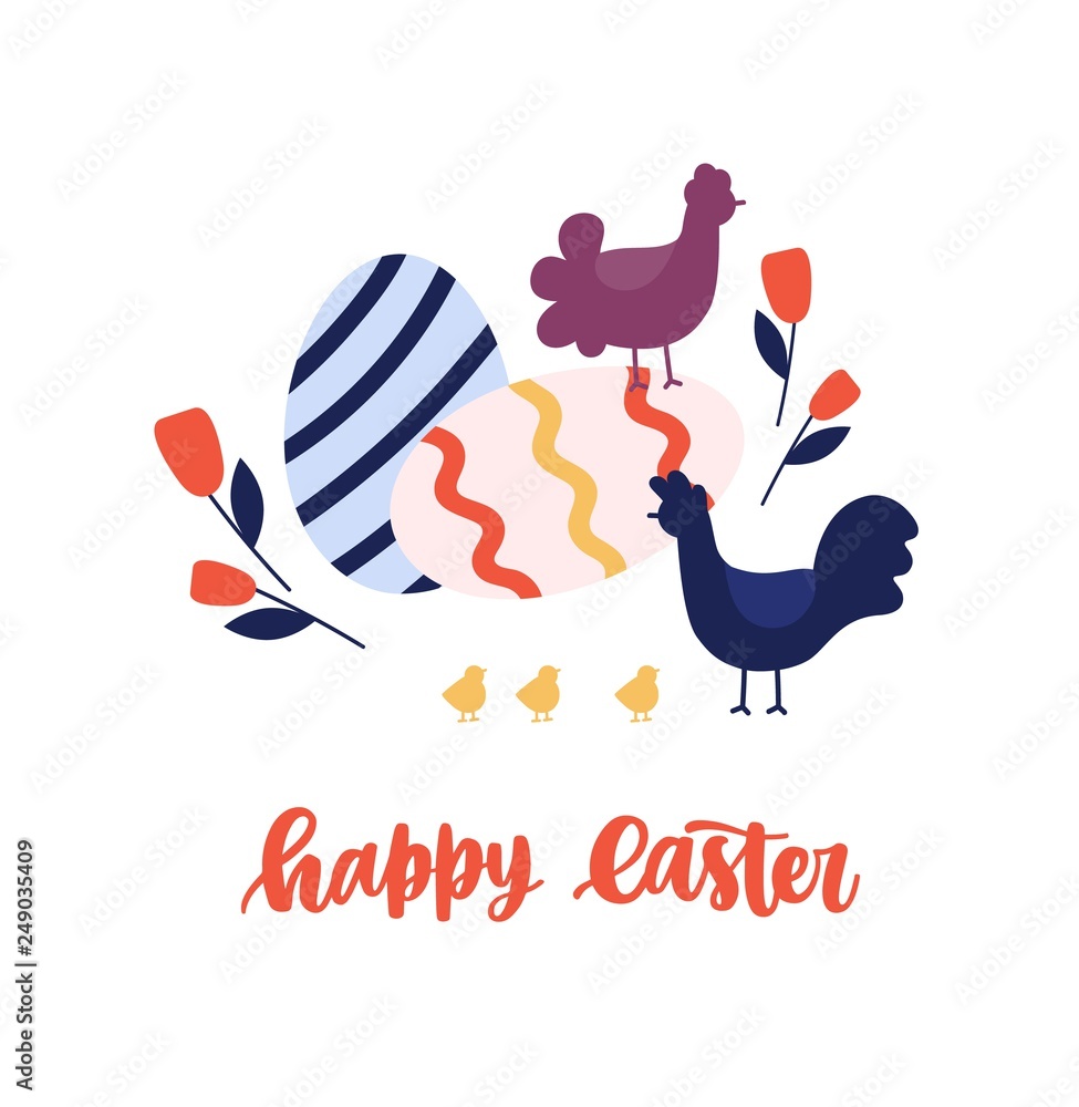 Fototapeta premium Greeting card template with Happy Easter holiday wish handwritten with cursive font, family of adorable hens and chicks, large decorated eggs and spring flowers