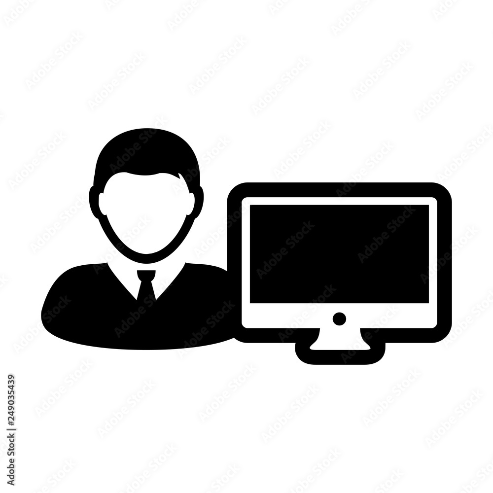 Monitor icon vector male person user with computer screen avatar in flat color in Glyph Pictogram Symbol illustration Monitor icon vector male person user with computer screen avatar in flat color in Glyph Pictogram Symbol illustration