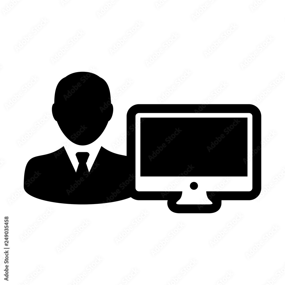 Office icon vector male person user with computer monitor screen avatar in flat color in Glyph Pictogram Symbol illustration Office icon vector male person user with computer monitor screen avatar in flat color in Glyph Pictogram Symbol illustration