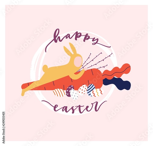 Easter postcard template with holiday wish handwritten with calligraphic script and man dressed in rabbit costume and embracing giant carrot, eggs, pussy willow
