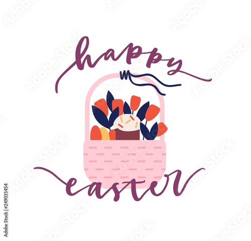 Greeting card or postcard template with Happy Easter wish handwritten with el...