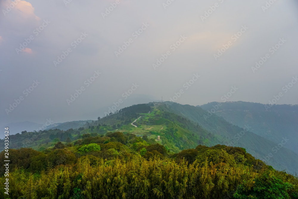 Panorama of the mountains and hills of the Indian Himalayas. Darjeeling, India