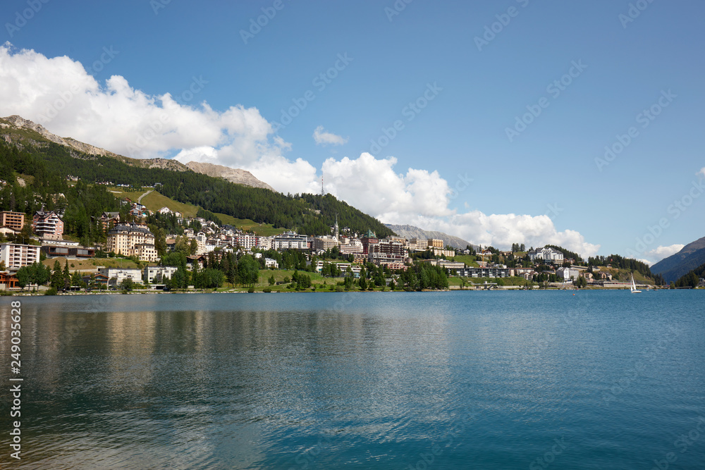 Sankt Moritz town and lake in a sunny summer day in Engadin, Switzerland