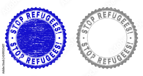 Grunge STOP REFUGEES! stamp seals isolated on a white background. Rosette seals with grunge texture in blue and gray colors. Vector rubber watermark of STOP REFUGEES! text inside round rosette.