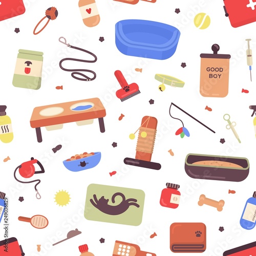 Seamless pattern with pet care products or goods for cats and dogs on white b...