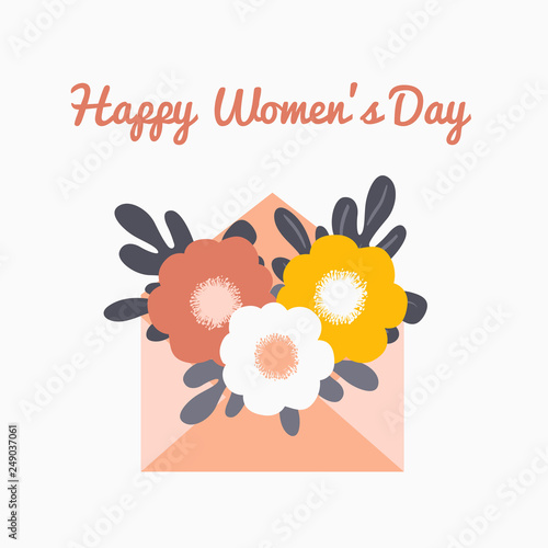 hand-drawn craft envelope with spring flowers and leaves. Vector illustration for International Women s Day  8 March