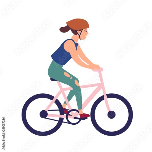 Happy young woman in helmet riding bike. Smiling female character on bicycle isolated on white background. Bicyclist taking part in sports race. Colorful vector illustration in flat cartoon style.