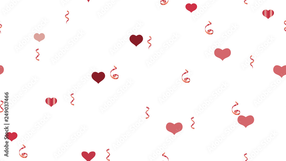 The idea of packaging, textiles, wallpaper, banner, printing. Vector Seamless Pattern on a White fond. Light Pattern of Hearts and Serpentine. Scattered Red confetti.