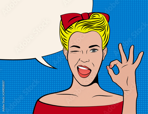 Vintage advertising poster template. Beautiful retro girl winks and shows OK gesture. Empty text box in the form of speech bubble. Vector illustration in the style of pop art 50-60s. 