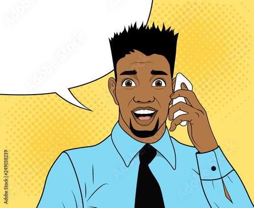 Pop Art African American Businessman Talking on the Phone. Blank speech bubble. Vector illustration