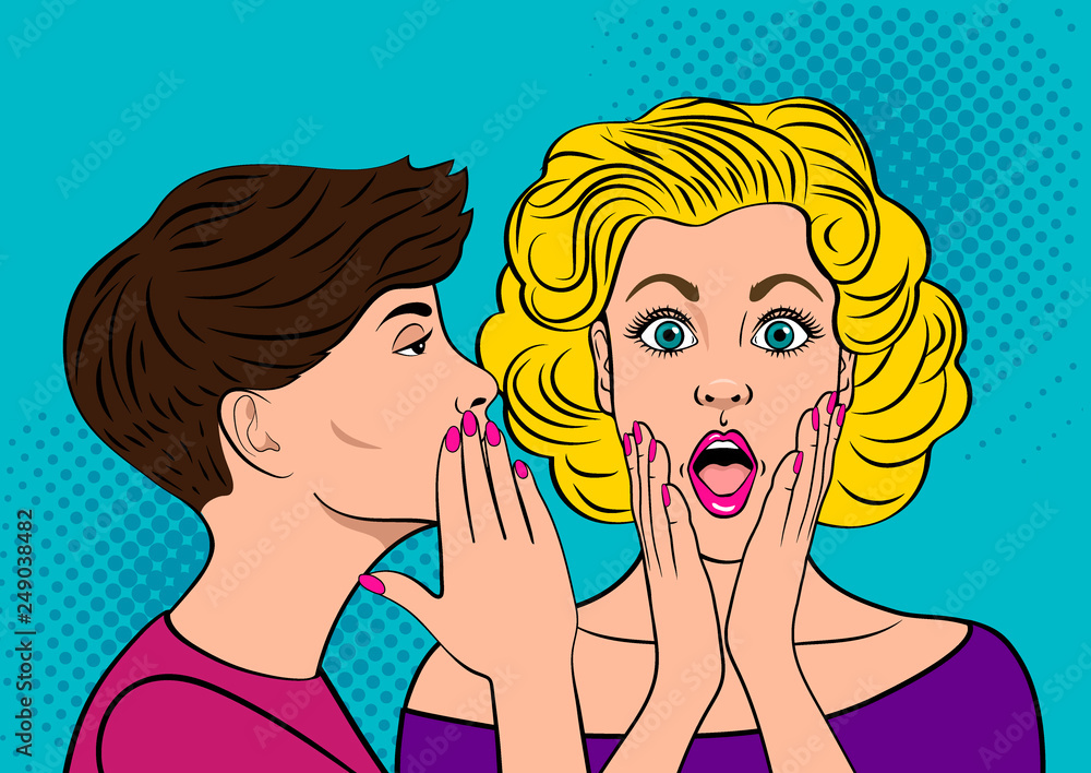 Young brown-haired woman whispering secret to blonde girl. Omg face. Shocked woman. Wow. Pop Art Vector illustration Young brown-haired woman whispering secret to blonde girl. Omg face. Shocked woman. Wow. Pop Art Vector illustration