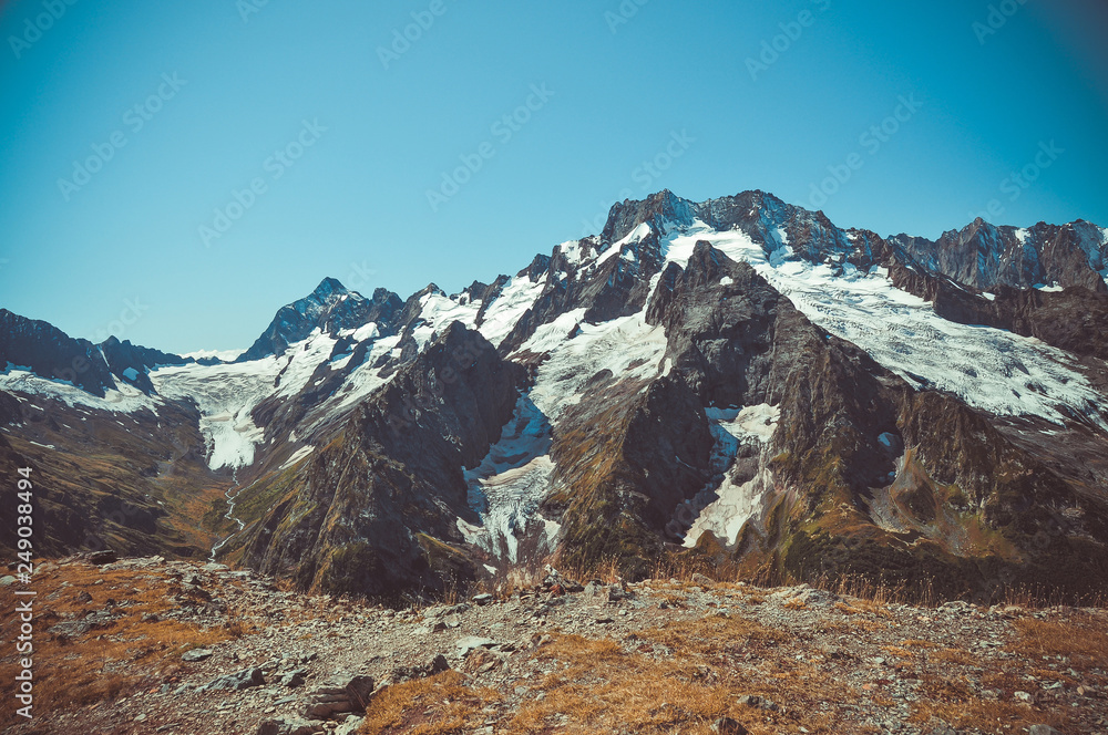 Fototapeta premium Closeup mountains scenes in national park Dombai, Caucasus, Russia