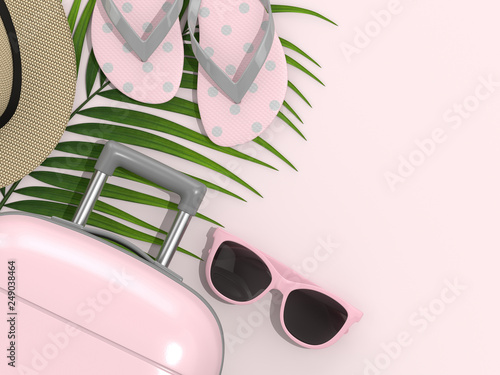 3d render of vacation stuff over pastel pink background