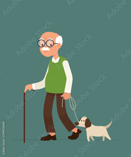 vector illustration an old man or elderly person walking with his little dog - Vector