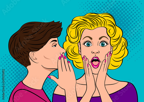 Young brown-haired woman whispering secret to blonde girl. Omg face. Shocked woman. Wow. Pop Art Vector illustration