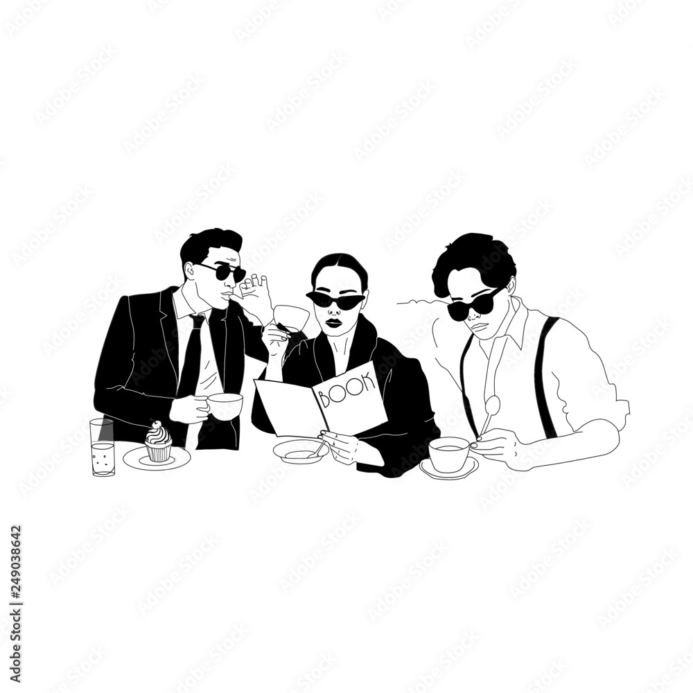 Hand drawn people in a cafe, people with coffee, people with tea, fashionable young woman, girl with a book, vector illustration– stock illustration Hand drawn people in a cafe, people with coffee, people with tea, fashionable young woman, girl with a book, vector illustration– stock illustration