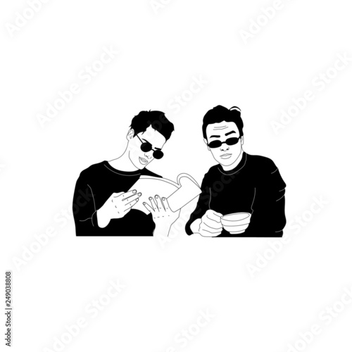 Hand drawn people in a cafe, people with coffee, people with tea, fashionable young woman, girl with a book, vector illustration– stock illustration