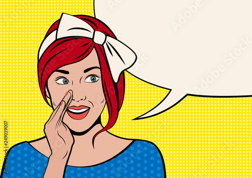 Vintage advertising poster template. Beautiful retro girl shows a secret. Empty text box in the form of speech bubble. Vector illustration in the style of pop art 50-60s. 