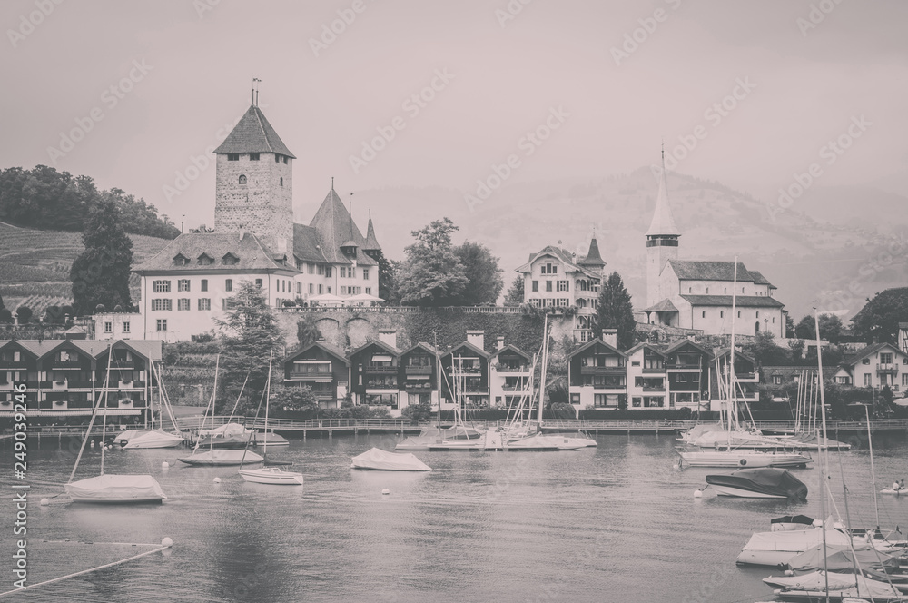 View on Spiez city and lake Thun, Switzerland, Europe