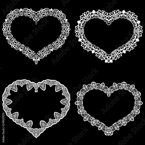 Laser cut frame in the shape of a heart with lace border.  A set of the foundations for paper doily for a wedding.  Vector templates for cutting out.