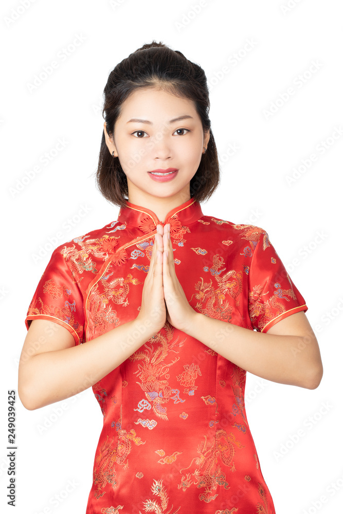 Beautiful Chinese woman wearing a Chipao isolated on white background Beautiful Chinese woman wearing a Chipao isolated on white background