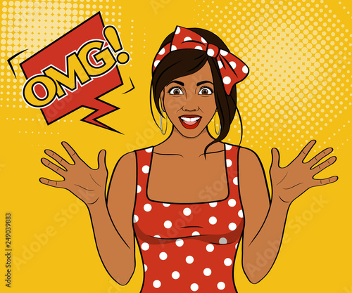 Wow pop art face. Sexy surprised young African woman with open mouth and omg speech bubble. Vector colorful background in pop art retro comic style.