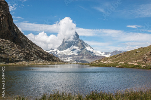 View closeup Riffelsee lake and Matterhorn mountain