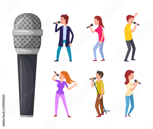 Men and women singing, microphone and singers isolated vector characters. Pop artists or performers, celebrities sing songs and musical electric device