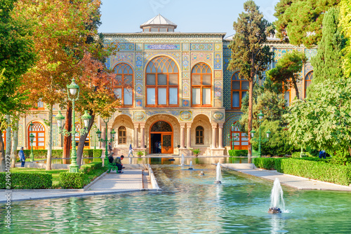 Scenic view of the Golestan Palace and fountains, Tehran, Iran
