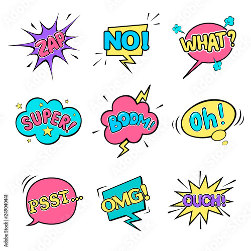 Set of isolated comic speech bubbles on the white background. There are Zap, Super, Omg, Psst, Ouch, Oh, What, No, Boom. Vector illustration.