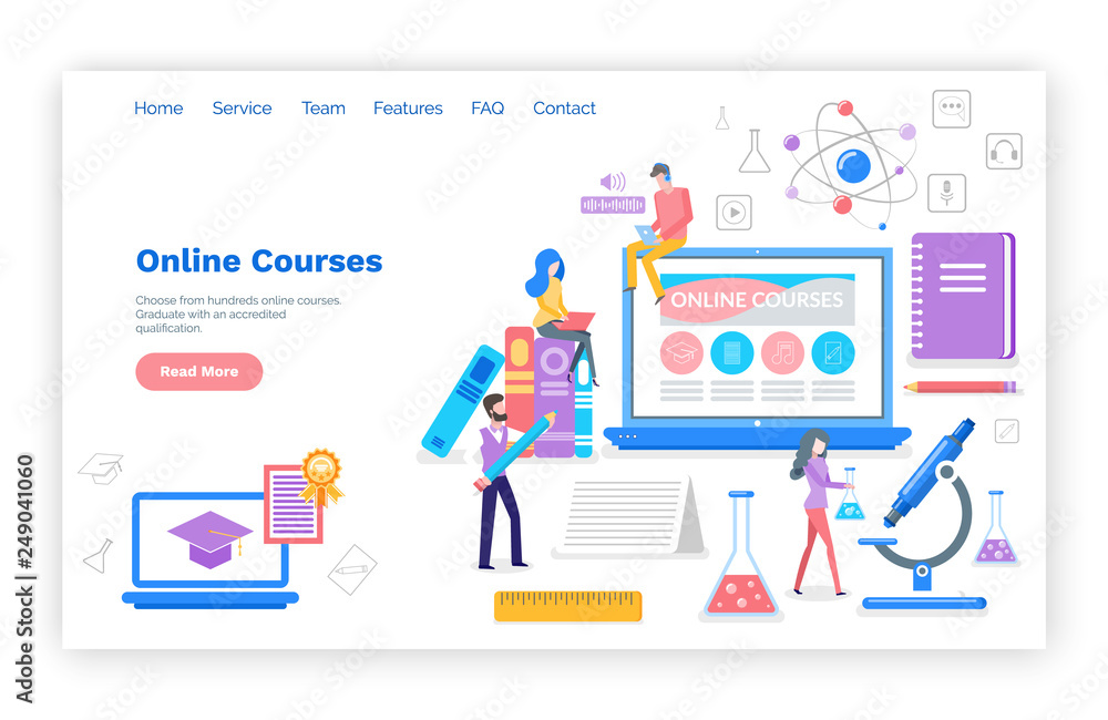 Online courses people learning subjects in internet vector. Students with certificate, busy reading and reviewing material for exams. Microscope and book. Website webpage template landing page in flat Online courses people learning subjects in internet vector. Students with certificate, busy reading and reviewing material for exams. Microscope and book. Website webpage template landing page in flat
